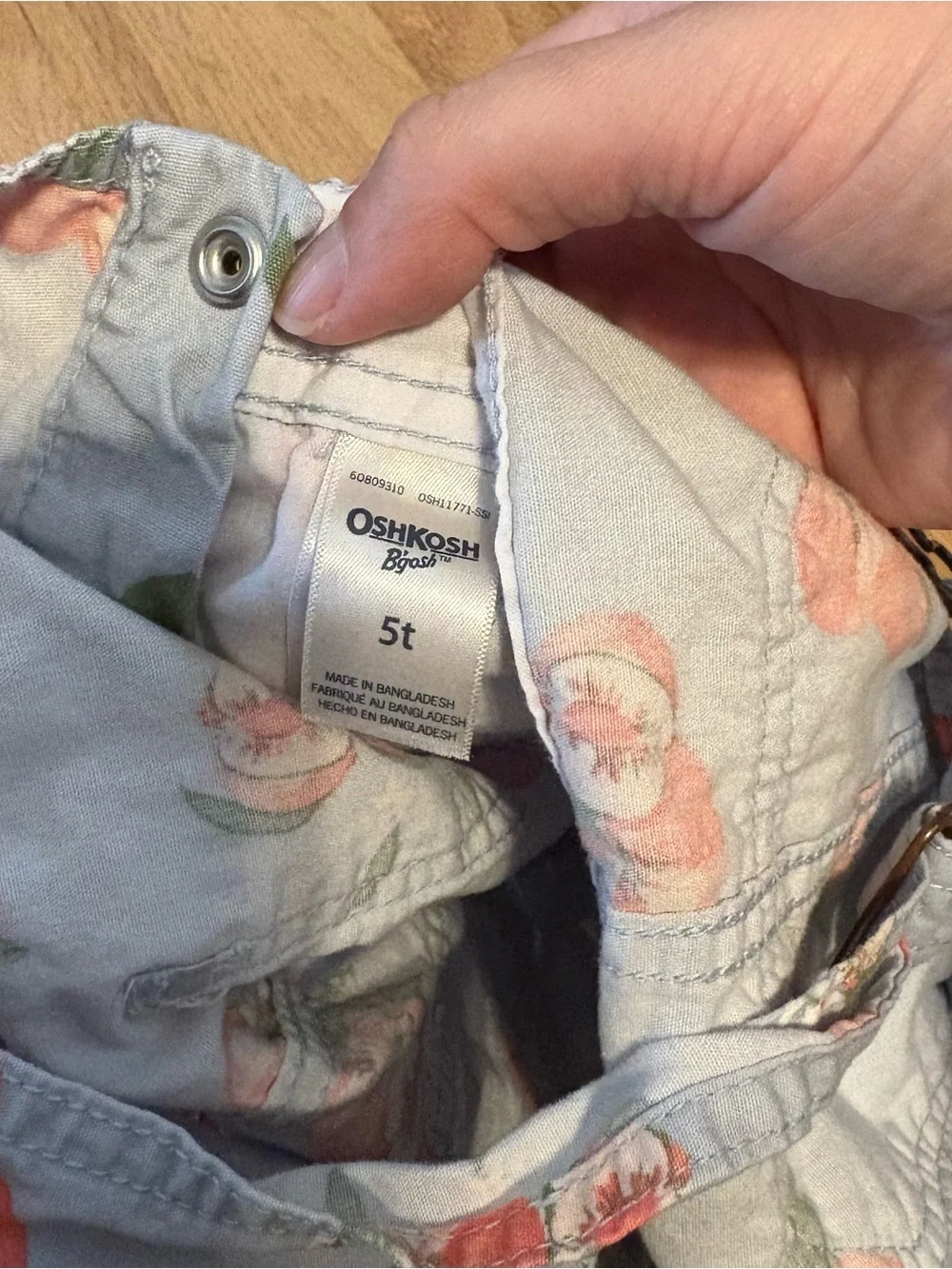 OshKosh B'gosh Light Blue Peach Print Short Overalls Shortalls Sz 5T